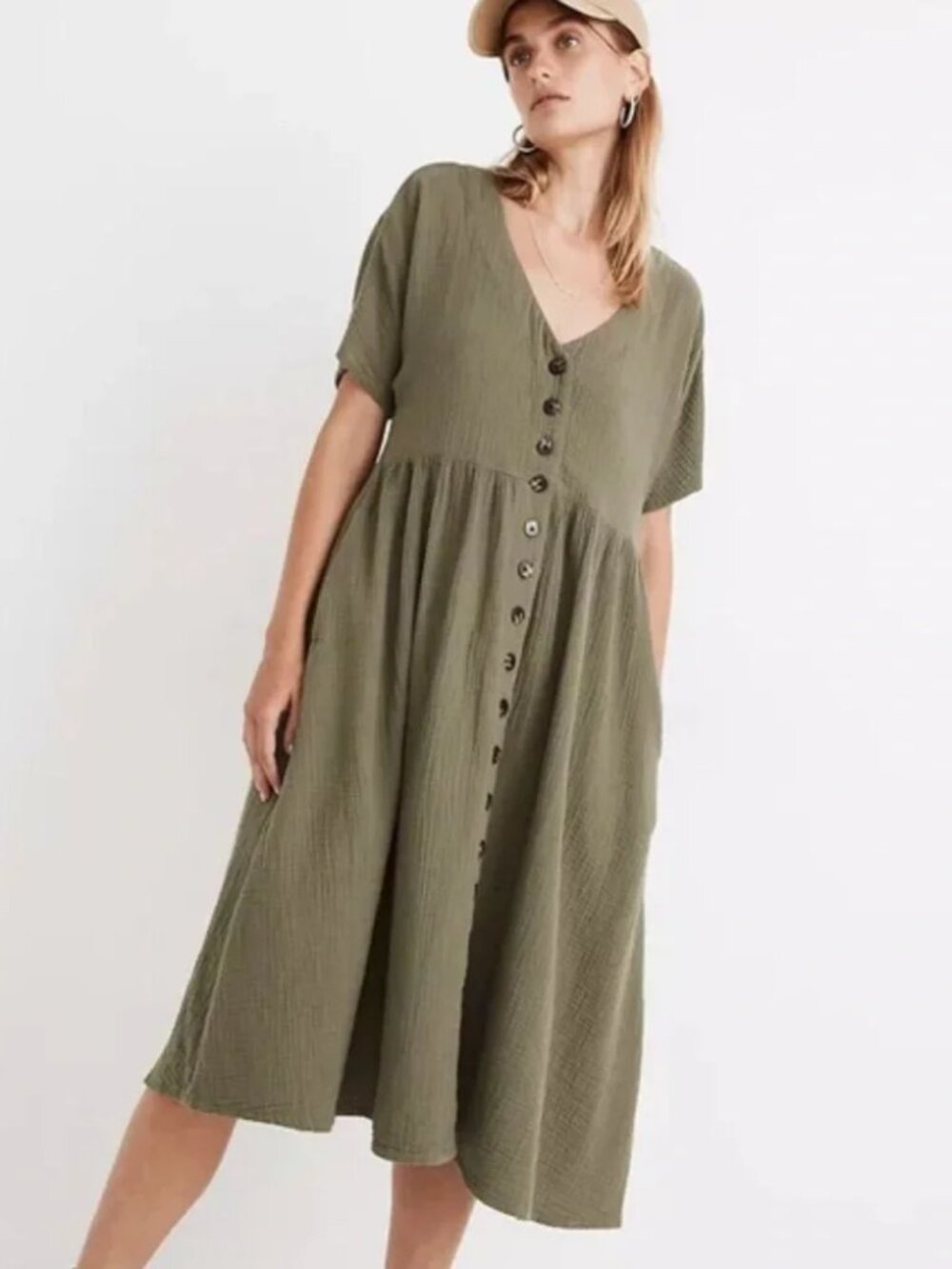 Madewell Lightspun Button-Front Tiered Midi Dress in Olive S
